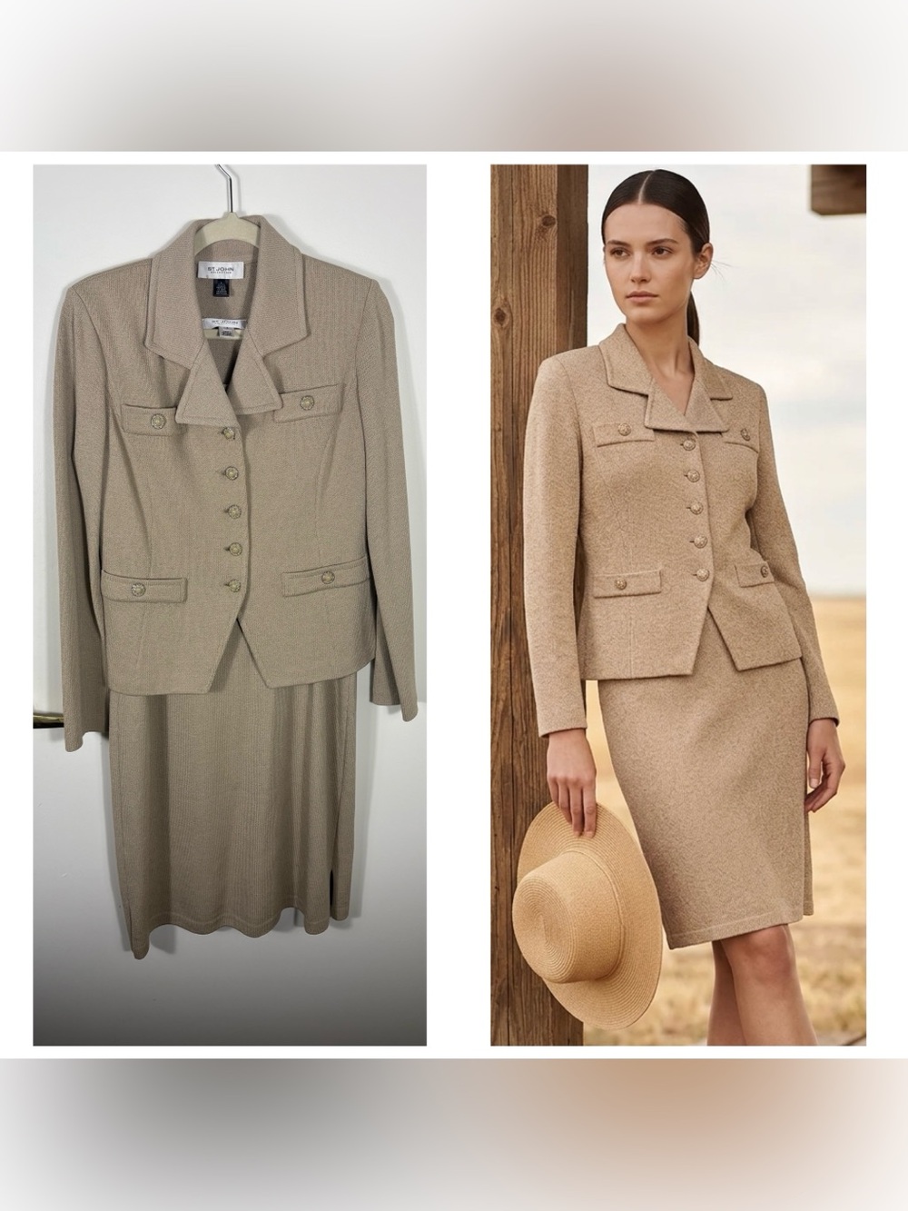 St John Collection Women 2pc Santana knit wool blend jacket/dress Sz 6/8 Tan